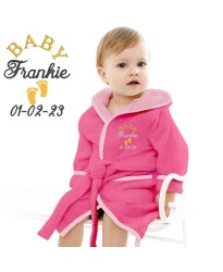 Baby and Toddler Baby Custom Name and Custom Date Feet Design Embroidered Hooded Bathrobe in Contrast Color 100% Cotton